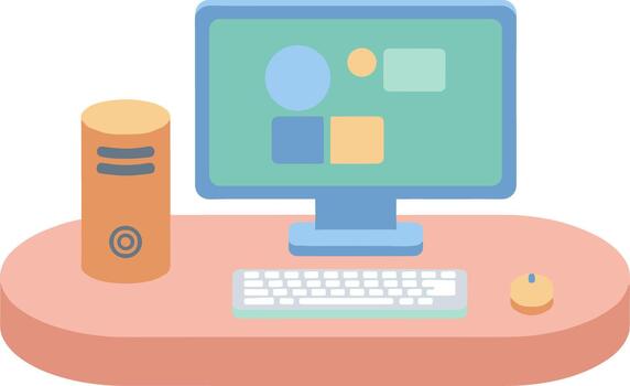 Flat Illustration Desktop Computer Setup with Monitor, Keyboard and Mouse vector