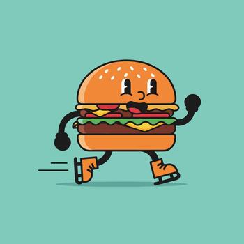 Retro Cartoon Burger Character Ice Skating With Joyful Expression vector