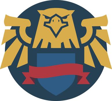 Flat Design Eagle Crest Graphic with Ribbon and Shield Emblem vector