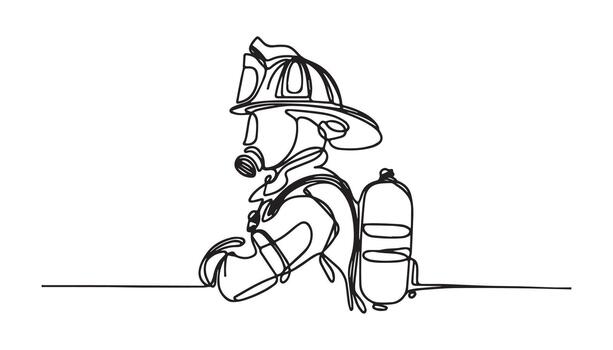 continuous line drawing of a firefighter with a helmet and a backpack vector