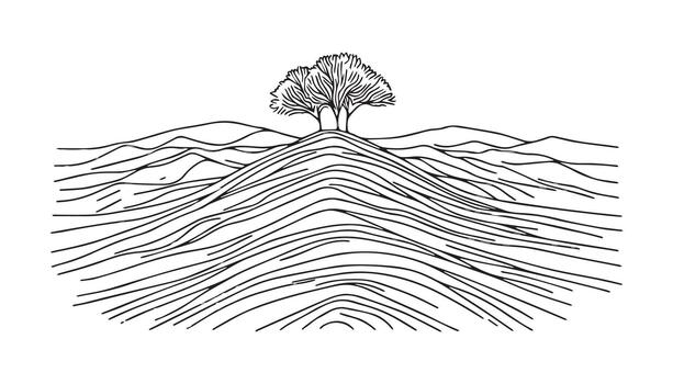 a drawing of a tree on a hill with mountains in the background vector