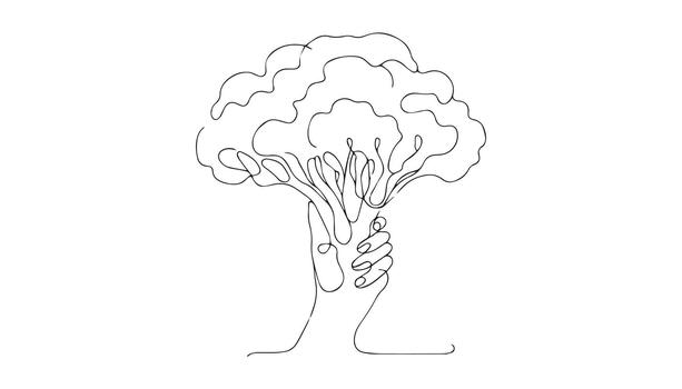continuo línea dibujo de un árbol con un mano participación eso vector