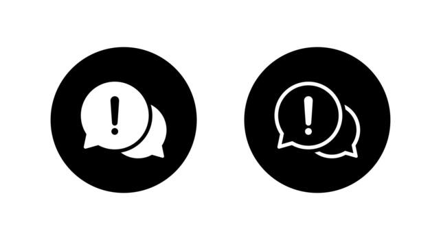 Chat alert icon in black circle. Message bubble with exclamation mark symbol vector