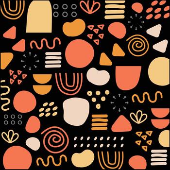 Vibrant, warm-toned abstract pattern featuring various geometric and organic shapes like circles, triangles, and squiggles, perfect for contemporary design vector