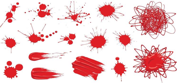 Vibrant Red Paint Splashes, Ink Drops, and Expressive Brushwork Graphics Set on White Background vector