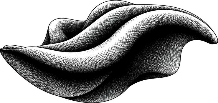 Monochrome abstract illustration of a fluid wave form with classic engraving style shading vector