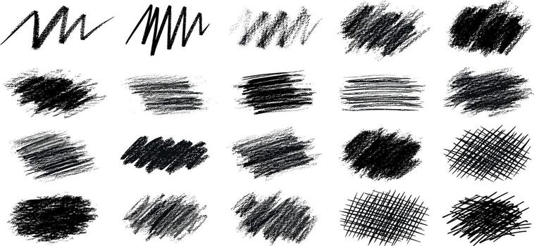 Set of abstract grunge charcoal sketches and textured doodle strokes on white background vector