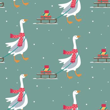 Seamless Christmas pattern with goose and slide on blue background. n vector