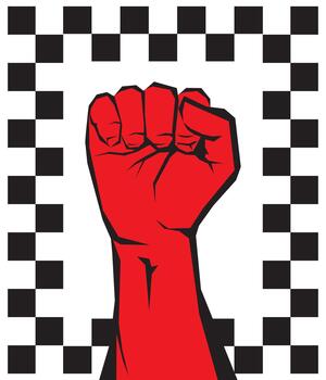 Illustration of a red raised fist with a checkered frame vector