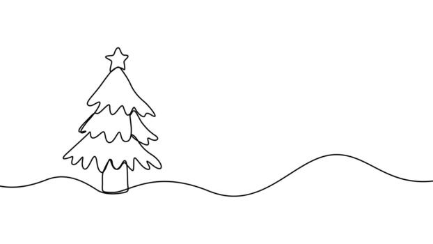 Minimalist christmas tree with star drawn with a single continuous line vector