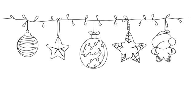 Christmas ornaments and string lights continuous line drawing vector