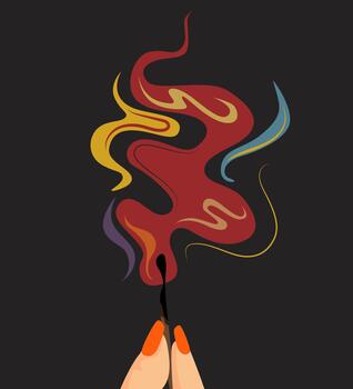 Hand-drawn image of a hand holding a burning match. Fire in hands, image for background, poster, or motivational text. vector
