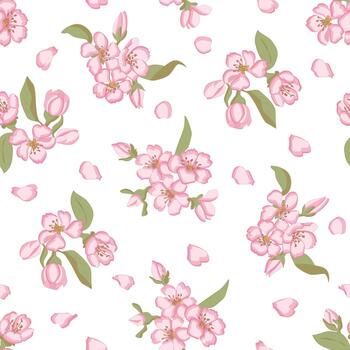 A pattern of blooming sakura and floating petals with soft lines and pink gradients. Dynamic design for textiles, packaging, digital backgrounds. Lightness and motion in every detail. vector