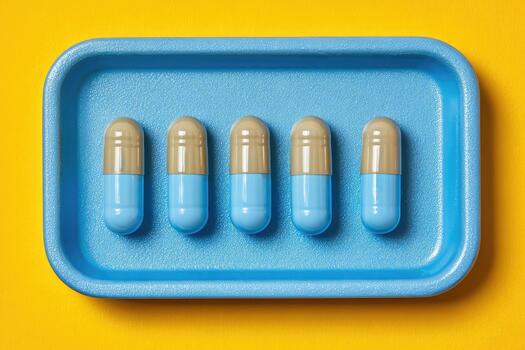 top view of an organizer with large blue capsules neatly arranged in a row, highlighting their glossy surface and color against a yellow background. View from above. Healthcare and medicine concept. photo