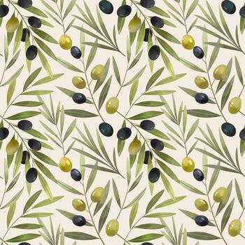 Watercolor seamless pattern with olive branches on beige background. Hand drawn botanical background vector