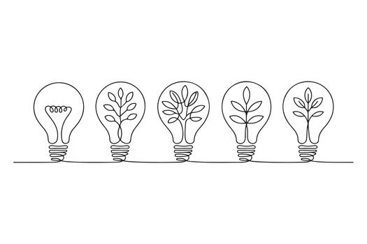 Continuous one line illustration of a light bulb with a small group of trees minimalist design representing creativity growth and sustainability vector