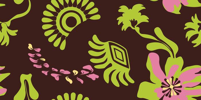 Bold retro floral and geometric seamless pattern. Abstract groovy curves motif with flower graphic design. vector