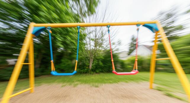 Two empty swings on colorful swing set in blurred playground scene photo