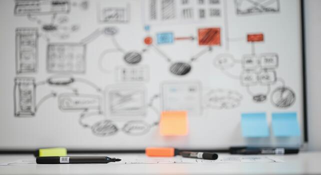 Conceptual brainstorming process on whiteboard with flowcharts, diagrams photo