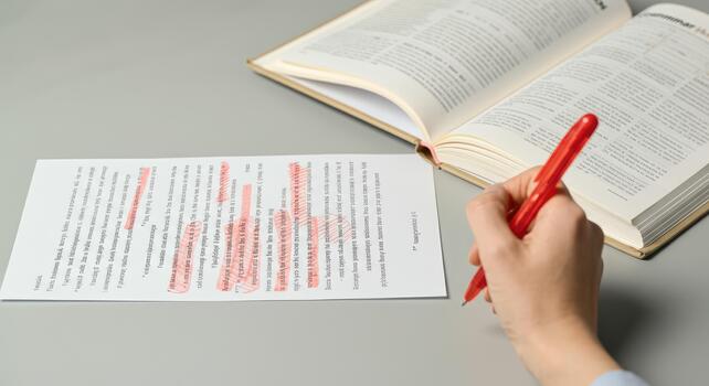 Editing document with red pen, open dictionary on table photo