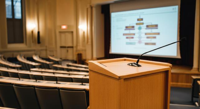 Empty lecture hall with podium and presentation screen displaying chart photo