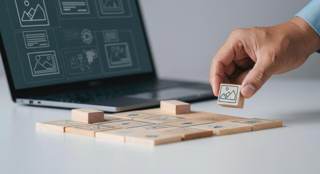 Hand placing wooden block with image icon next to laptop Concept of project planning photo