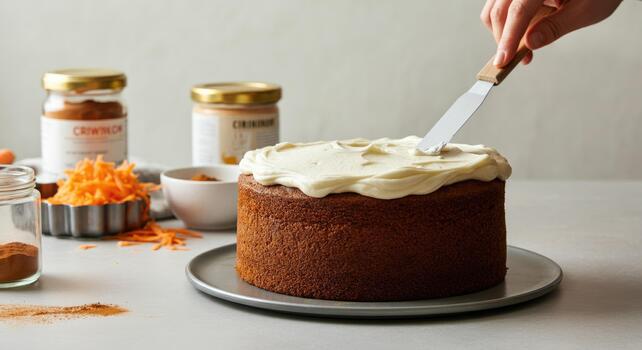 Person icing round cake with white frosting, surrounded by baking ingredients photo