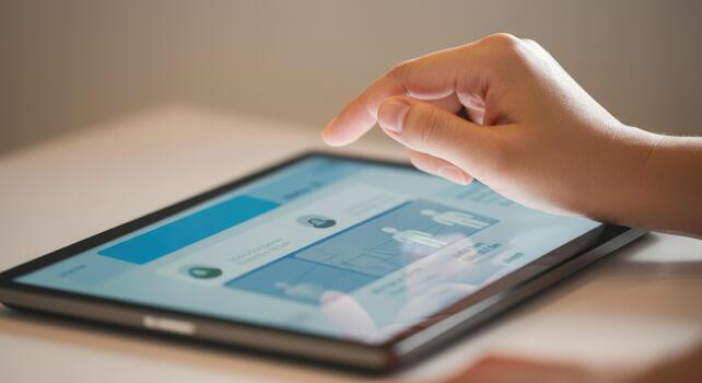 Hand operating tablet touchscreen with user interface on display photo