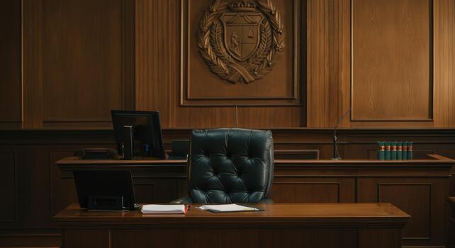 Empty courtroom with judge's bench, seal, and computers photo