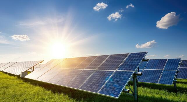 Solar panels in green field under bright sun photo