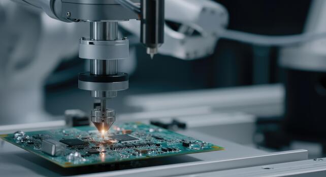 Robotic arm is precisely soldering circuit board in advanced technology setting photo