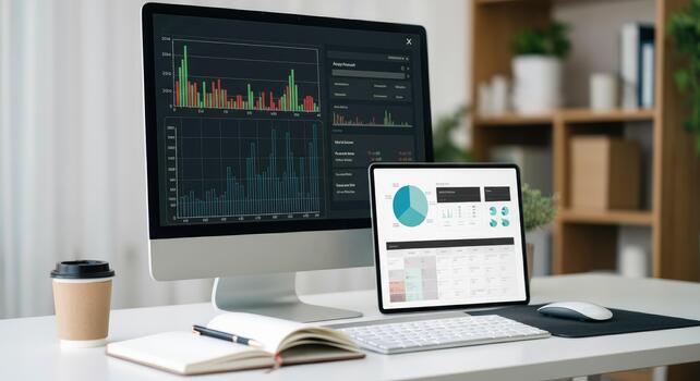 Modern workspace with computer and tablet showing data analytics, charts, graphs photo