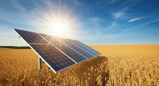 Solar panel in wheat field under bright sun, symbolizing renewable energy photo