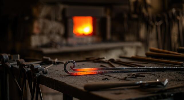 Blacksmith workshop with glowing forge and various tools photo