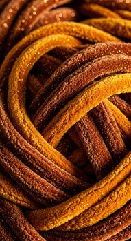 Close up abstract view of tightly packed textured brown and orange licorice laces creating a visually appealing organic pattern photo