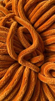 Close up abstract view of intertwined textured orange strands creating a visually complex and organic pattern photo