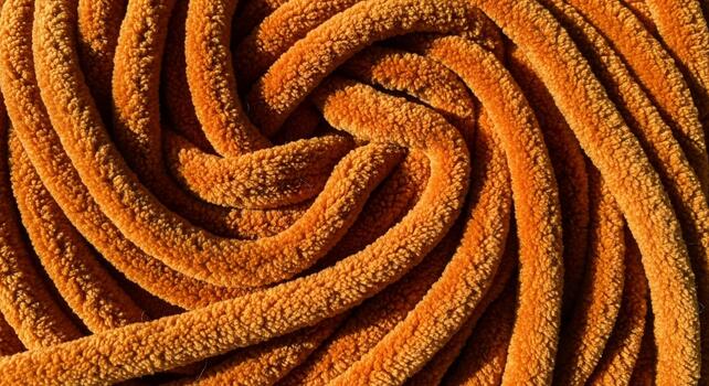 Close up abstract swirl pattern of thick textured orange rope creating a warm inviting spiral design photo