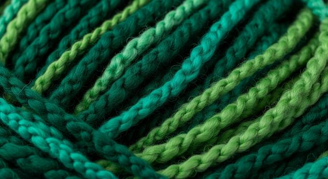 Close up view of variegated green yarn with a textured twisted strand pattern creating a vibrant natural color gradient photo
