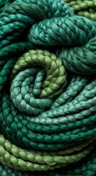 Close up view of tightly wound green and yellow braided rope creating a swirling abstract pattern with textured strands photo