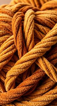 Close up abstract view of twisted strands of rustic orange and yellow yarn or rope creating a textured background photo