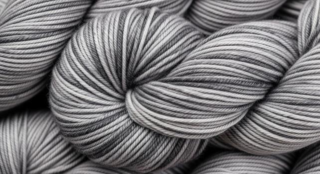 Close up view of variegated grey and white yarn skeins creating a textured and visually appealing abstract pattern photo