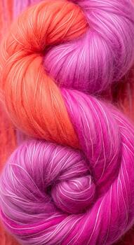 Vibrant gradient of coral pink and fuchsia yarn twists creating a soft textured abstract background photo