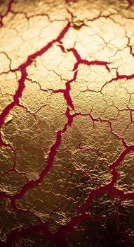 Close up of a cracked golden surface with deep red veins running through the fissures creating a striking abstract texture photo