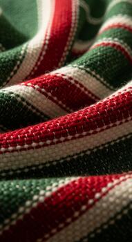 Close up view of a textured fabric with diagonal stripes in red white and green creating a festive holiday pattern photo