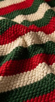 Close up view of a woven textile with bold red green and cream stripes creating a textured abstract pattern photo