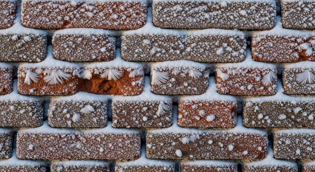 A close up textured view of a wall constructed from numerous small rectangular dark brown bricks covered in a dusting of white snow photo