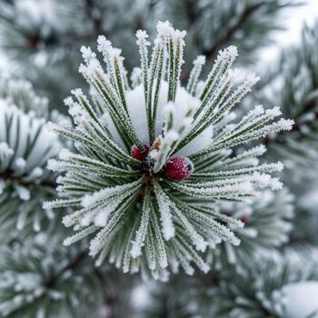 Close up macro view of a pine tree branch covered in sparkling frost and snow during winter photo