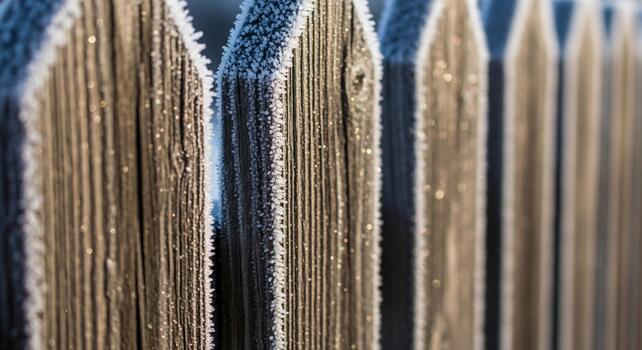 Close up view of frost covered wooden fence posts in a row with a blurred background photo