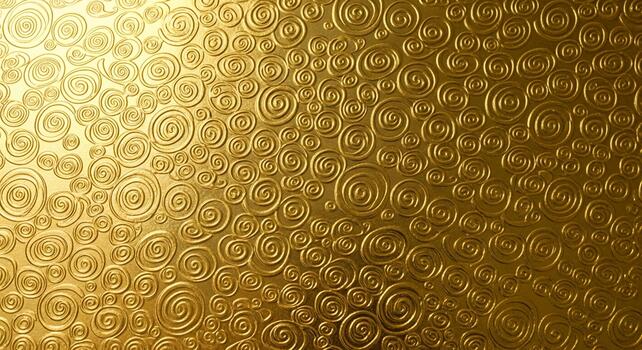 Close up of a textured golden surface with repeating swirling patterns and subtle light reflections highlighting its metallic sheen photo