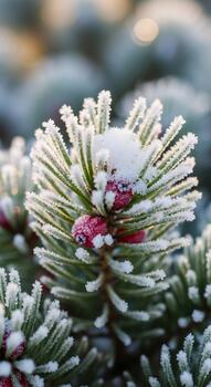 cerca arriba de un escarcha cubierto hojas perennes árbol rama con delicado hielo cristales espumoso en el suave difundido ligero de invierno foto